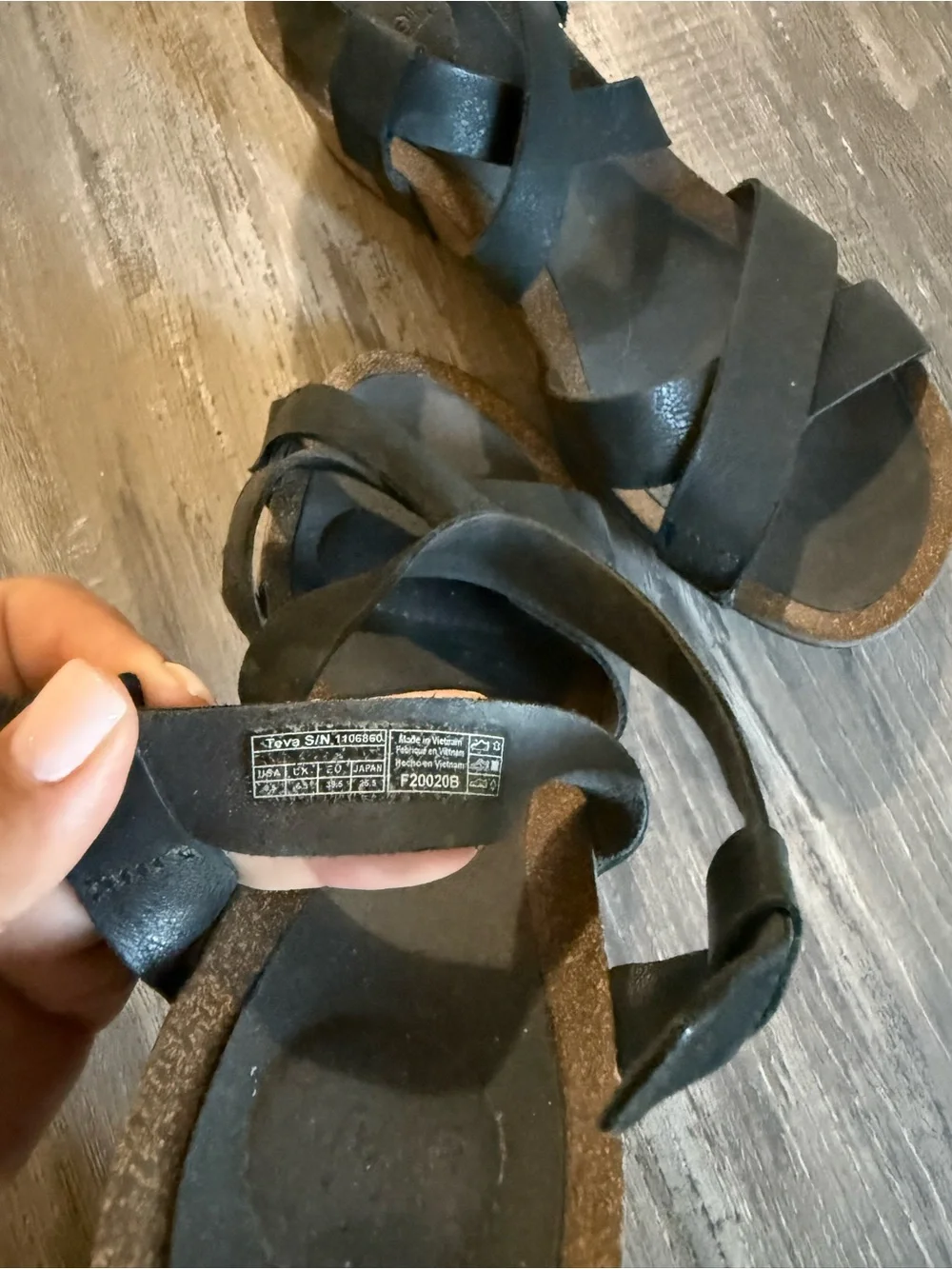 Teva Mahonia Black Leather Wedge Cross Strap Sandals